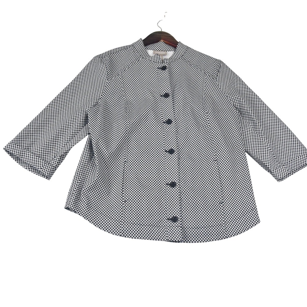 Chico's Jacket Women Size 2 Black White NEW Diamond Gingham 3/4 Sleeve Stretch